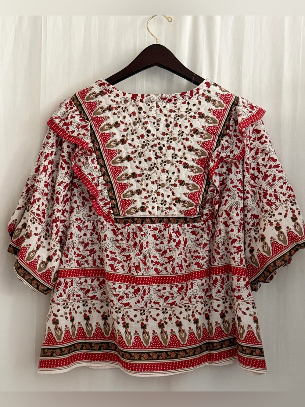 NWT Calypso St.Barth Boho Ruffle Yoke Peasant Blouse Top - Red Floral Print - L - Picture 4 of 15